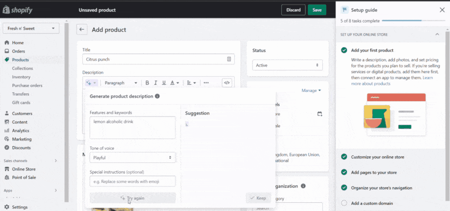Shopify ai text gif Gif of someone adding text in an auto-generative feature in Shopify