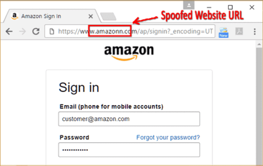 Fake Amazon website Fake Amazon website with the name spelt incorrectly.