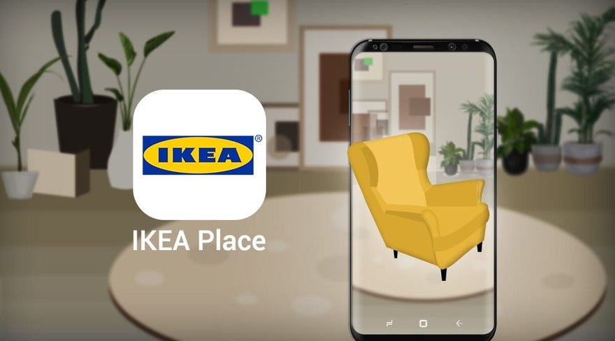 Ikea An illustration of a smartphone displaying an augmented reality app with a yellow armchair superimposed onto a living room setting, with the IKEA Place app logo above.
