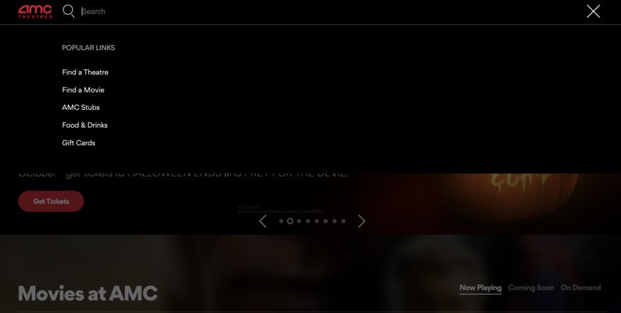 AMC search bar Search bar on AMC Theatres website