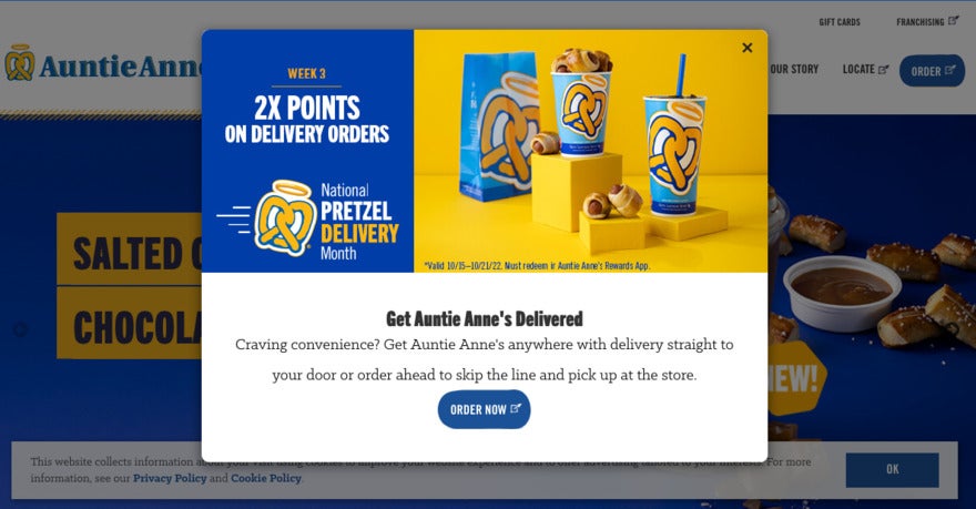 Auntie Annes Auntie Anne pop-up for delivery on orders