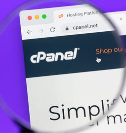 Computer screen showing the cPanel logo throguh a magnifying glass