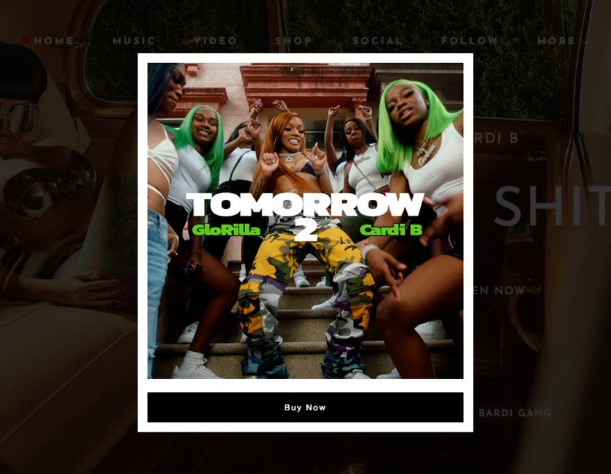 Cardi B Cardi B splash page for an album with an option to "Buy Now"