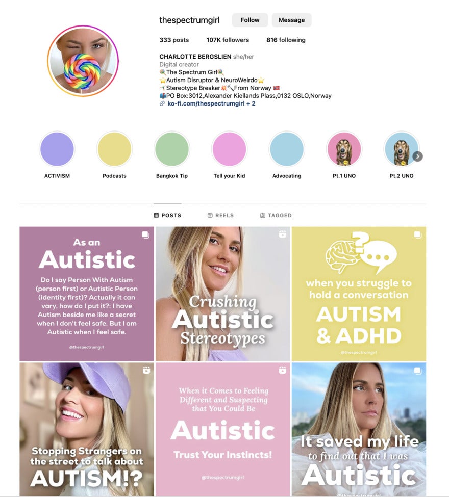Charlotte Bergslien Charlotte Bergslien's Instagram profile features light colors in her bio and her tiles (which are alternating quotes about autism and photos of her smiling).