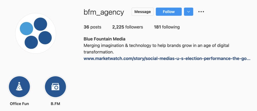 Color aesthtic instagram bio example bfm_agency Instagram with a link to a website