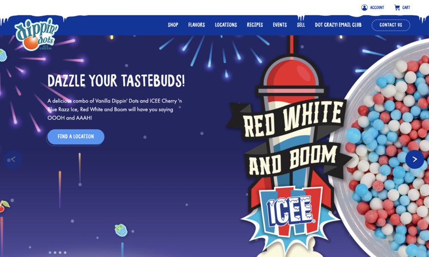 Dippin Dots A red white and blue webpage celebrating cherry Icee Dippin' Dots ice cream. With fireworks!