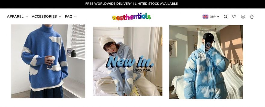 dropshipping store examples aesthentials dropshipping store aesthentials with three examples of products such as a blue sky jumper