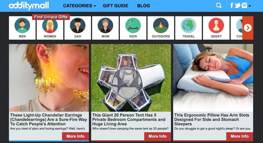 dropshipping store examples odditymall dropshipping store odditymall showing off three products like chandelier ear rings and five pointed bed and a woman sleeping on a pillow