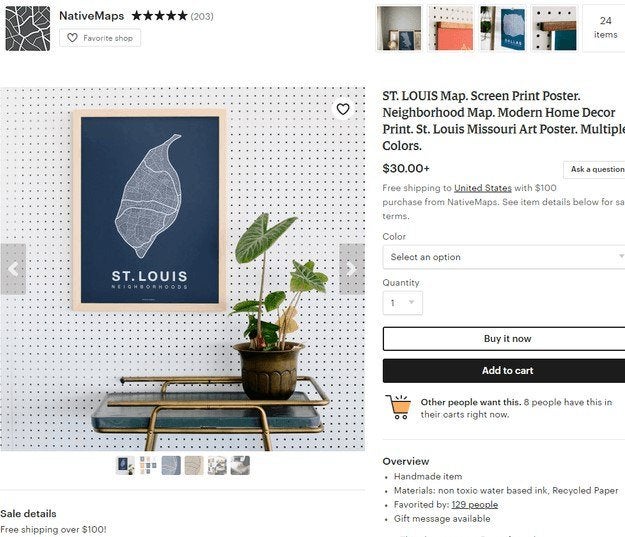 Etsy Design Layout Example 2 etsy product page with a poster of st louis on a wall next to a plant with a description and add to cart button