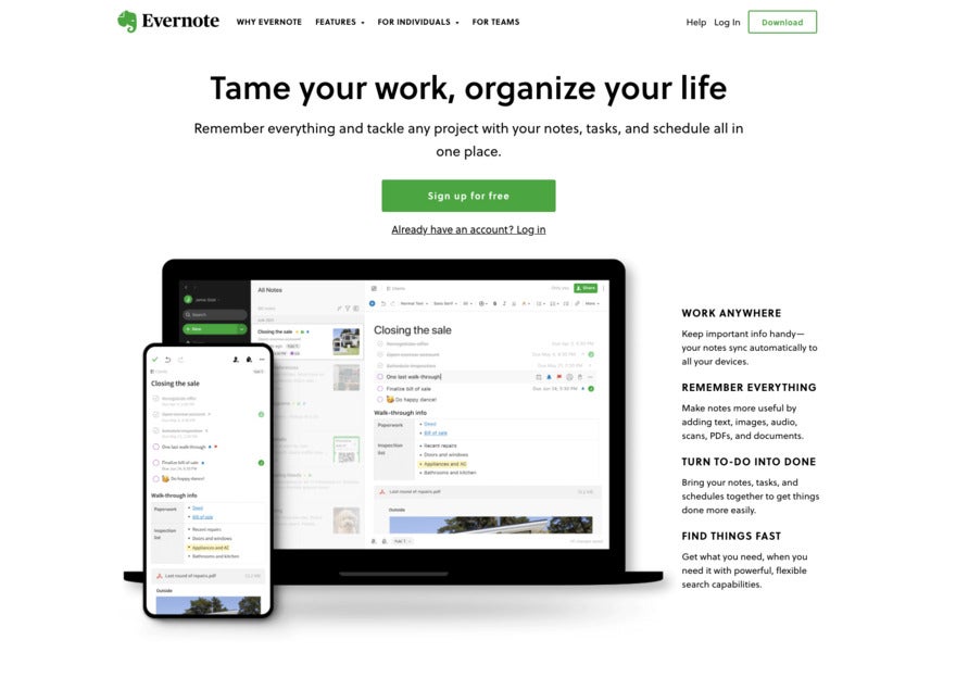 Evernote clean design A screenshot of Evernote's website, which is sparse black and white and green.