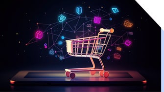 Ai generated image of a shopping cart with floating icons around it for tech