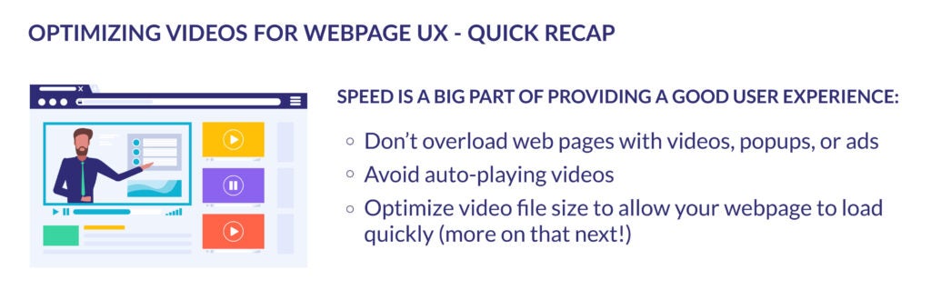 Optimizing Video for Webpage UX - Quick Recap List of 3 ways to optimize your videos for webpage user experience