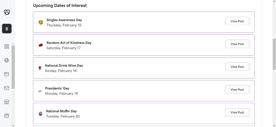 GoDaddy Marketing Calendar Screenshot of GoDaddy's Marketing Calendar