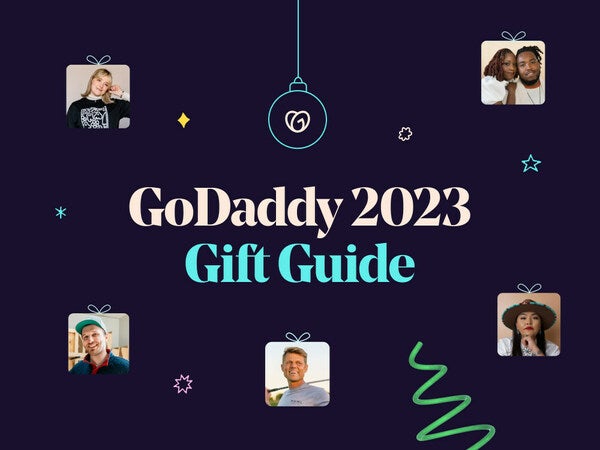 GoDaddy-2023-Gift-Guide godaddy gift guide graphic with photos and christmas illustrations