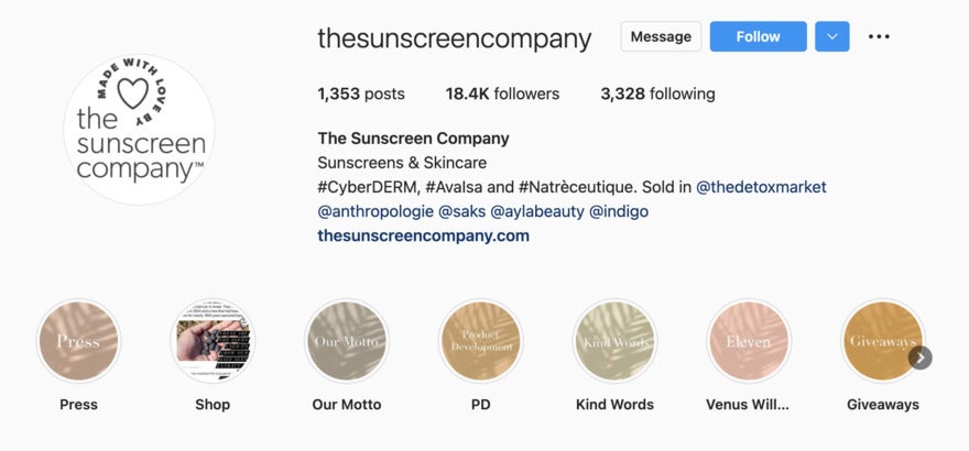 Icons aesthtic instagram bio example The Sunscreen Company Instagram with hashtags in the bio
