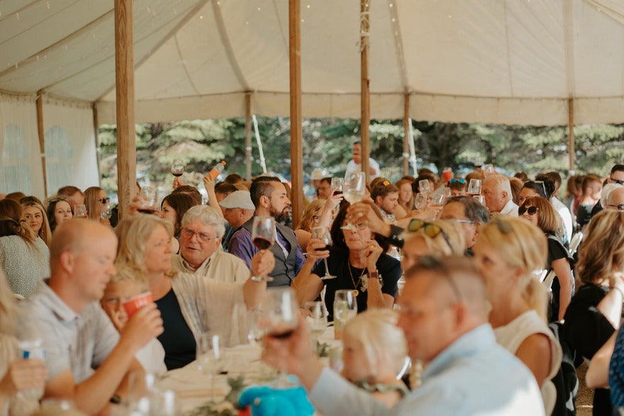 June-487 2 (1) Large crowd of people sat down within a fabric gazebo, raising glasses of wine