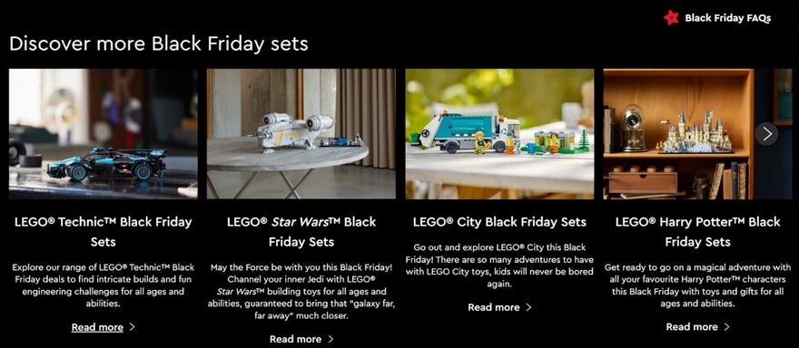 Lego black friday marketing Lego's website showing Black Friday bundles of product deals