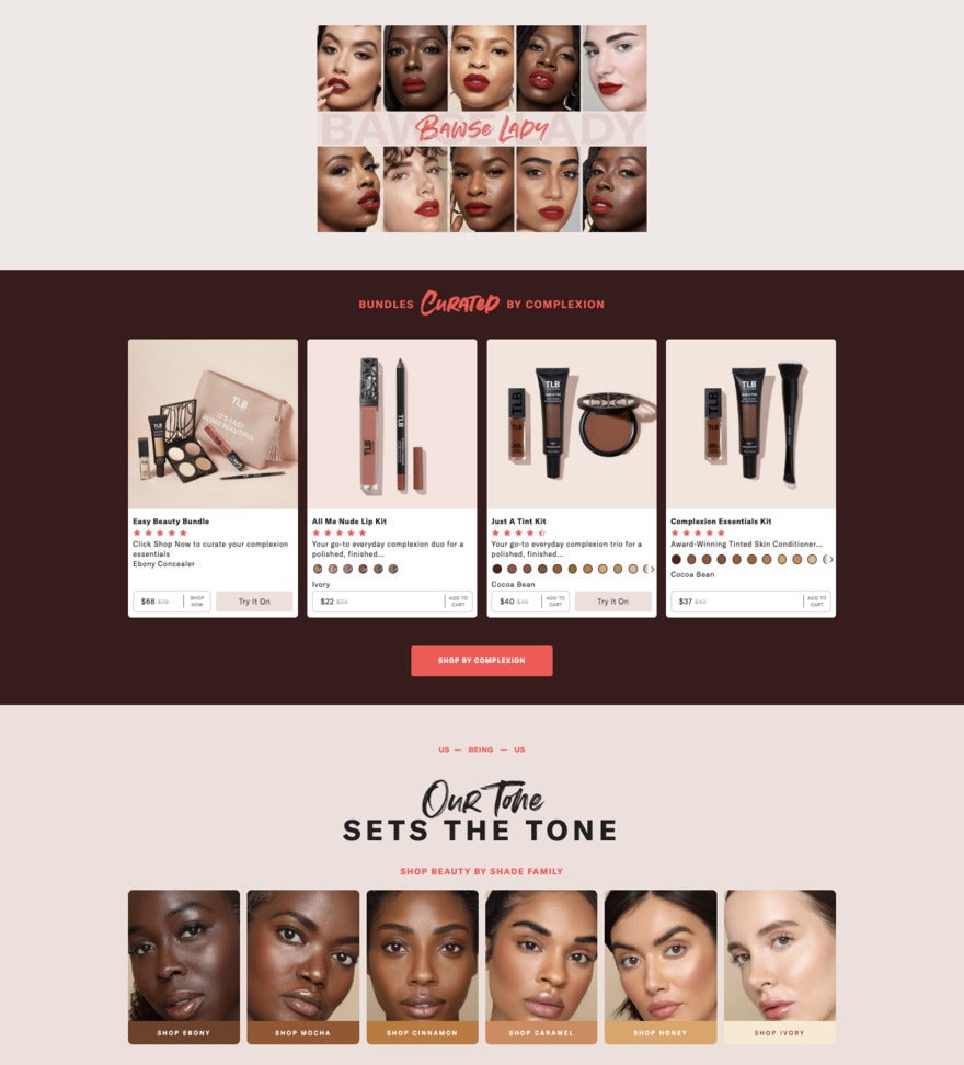 Lipbar A Lipbar webpage featuring a variety of women's faces and tiles with beauty products for sale on a pink and burgundy background.