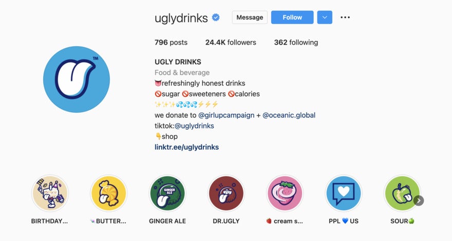 List aesthtic instagram bio example uglydrinks Instagram with link to TikTok and a shop