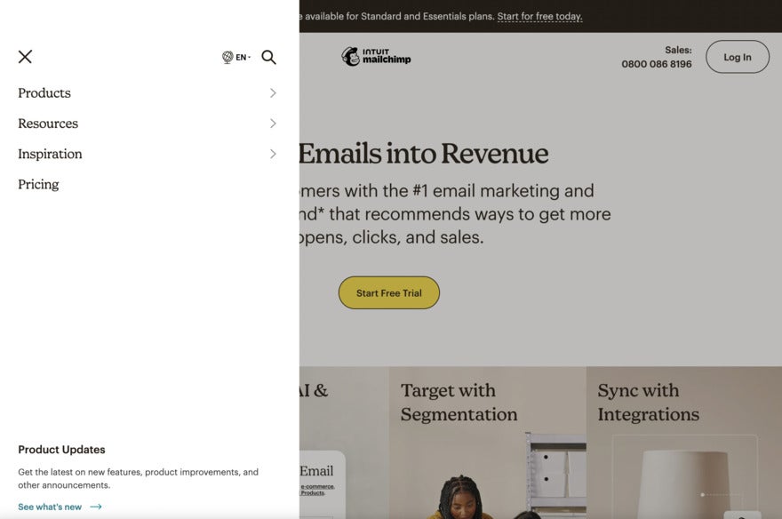 Mailchimp A screenshot from the MailChimp website that features a drop-down easy-to-navigate menu on the list
