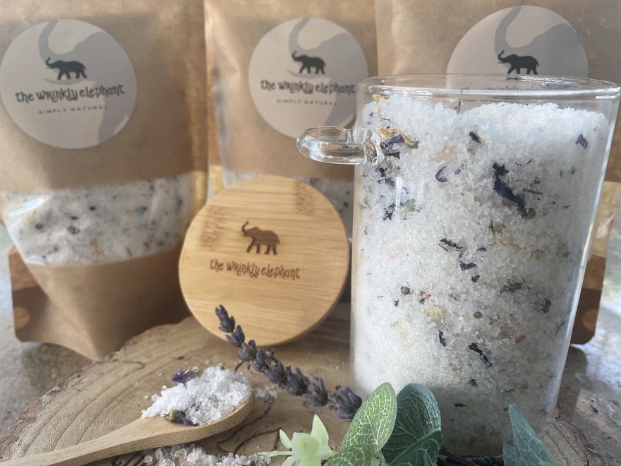 oh so sleepy with bamboo pot (1) Jar of bath salts in front of 3 packaged bags of bath salts