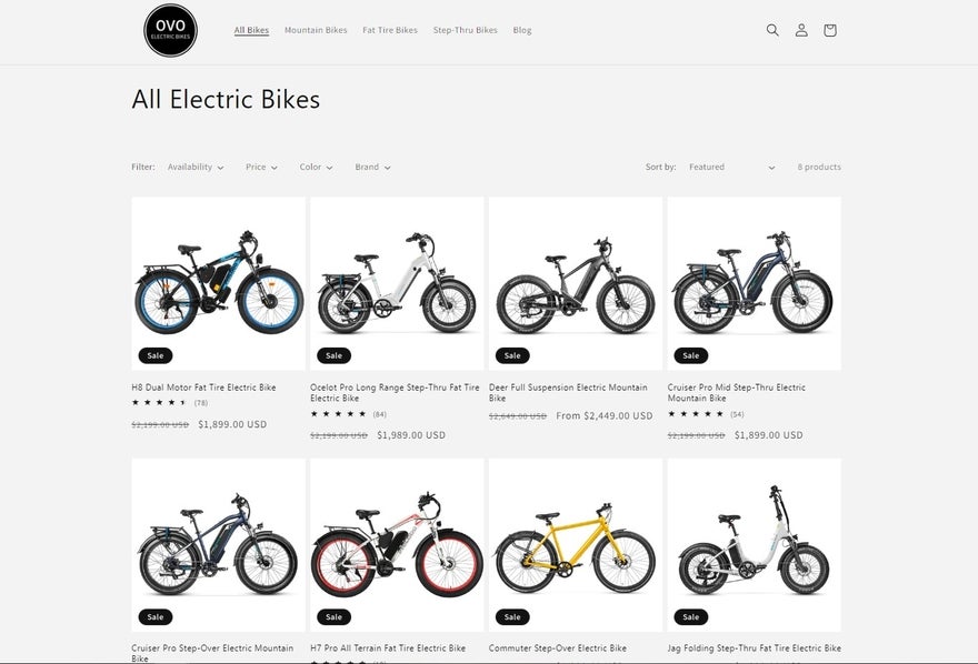 Ovo Bikes Product Page The Ovo Electric Bikes product page, showing eight bikes with black text and the price underneath.