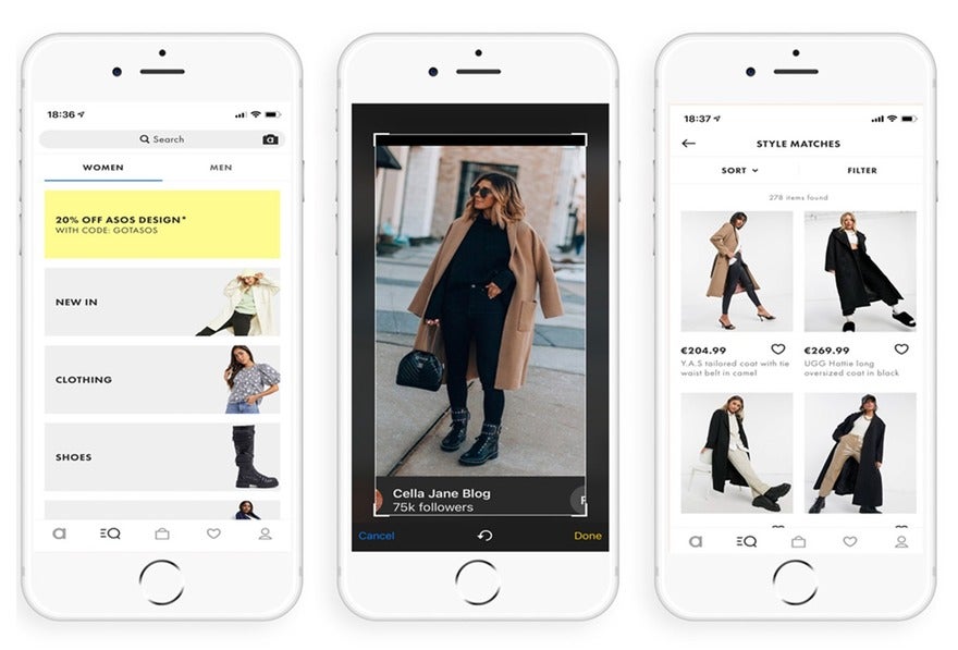 ASOS Three smartphones display a fashion retail app interface with promotional offers, a user's style match, and a selection of clothing items with prices.