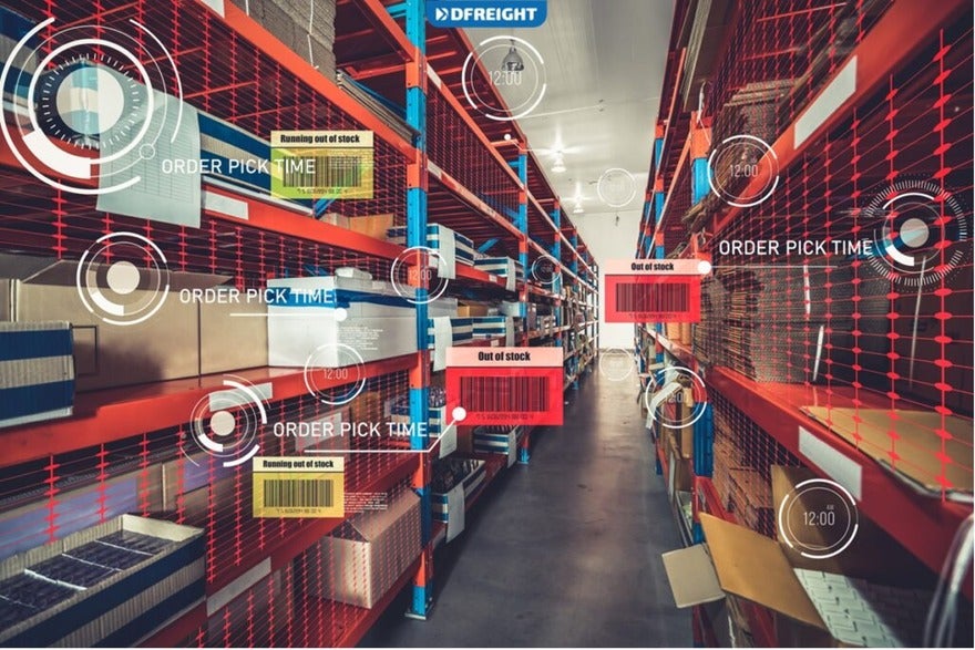 A warehouse aisle with augmented reality overlays showing 'ORDER PICK TIME' indicators, clock faces, and 'Out of stock' notifications on shelving units.