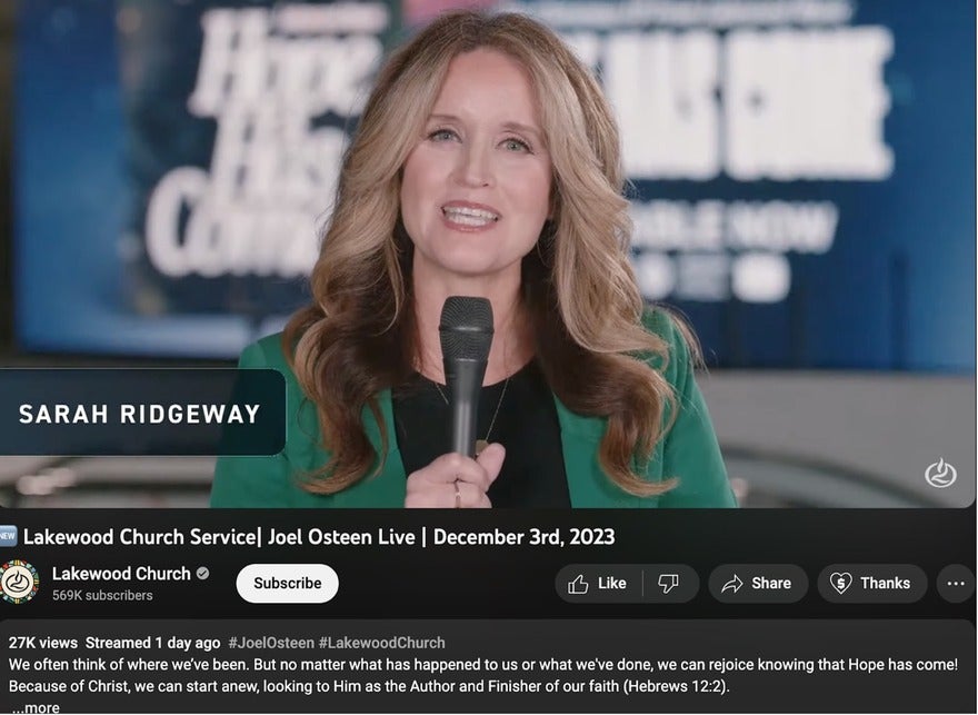 Screenshot from a Lakewood Church service video on YouTube featuring Sarah Ridgeway with a caption about hope and a verse from Hebrews 12:2.