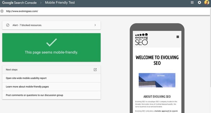 Mobile friendly Google Search Console Mobile Friendly Test result showing 'This page seems mobile-friendly' for the website evolvingseo.com, with an alert for 7 blocked resources.
