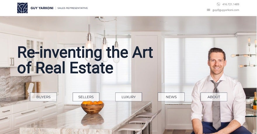 GY Real estate website banner featuring Guy Yarkoni, with the slogan "Re-inventing the Art of Real Estate," and menu options for buyers, sellers, luxury, news, and about.