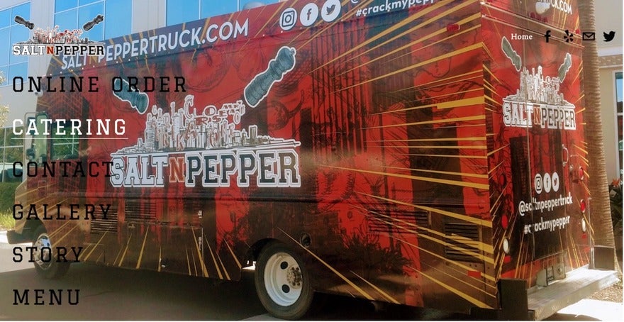 Salt n pepper truck A Salt N' Pepper food truck parked in front of a building in London, UK on Wednesday, December 6, 2023. The truck is white with a red and black logo. The text on the truck says "SALT N' PEPPER | Southern California Food Truck" and "SALTINPEPPER.COM."