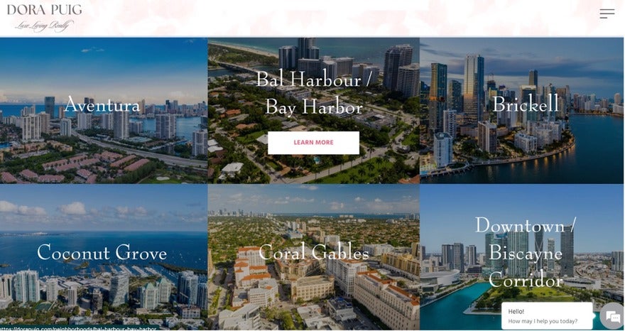 DP2 Real estate web page featuring aerial views of Miami neighborhoods like Aventura, Bal Harbour, Brickell, Coconut Grove, Coral Gables, and Downtown/Biscayne Corridor.