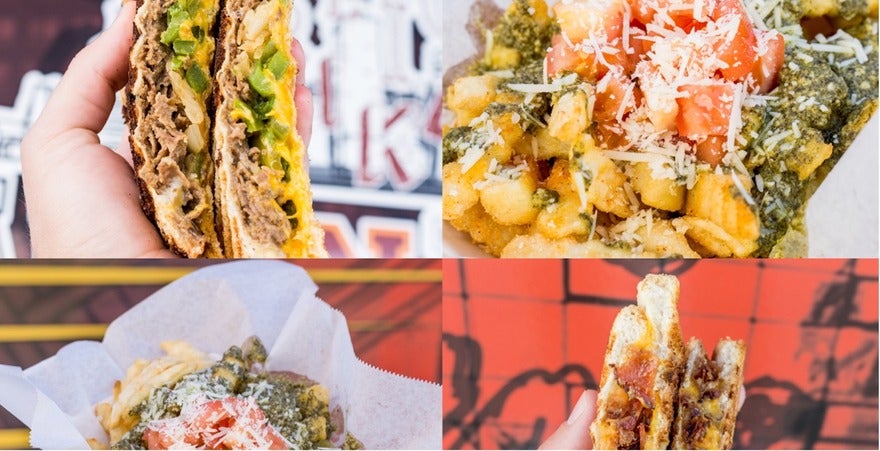 Food pics A collage of four photos of different foods: a pizza, a sushi roll, a hamburger, and a bowl of pasta. The pizza has a pepperoni and cheese topping. The sushi roll is a California roll, with avocado, cucumber, and imitation crab. The hamburger has a beef patty, cheese, lettuce, tomato, onion, and pickles on a bun. The bowl of pasta is spaghetti with tomato sauce and meatballs.