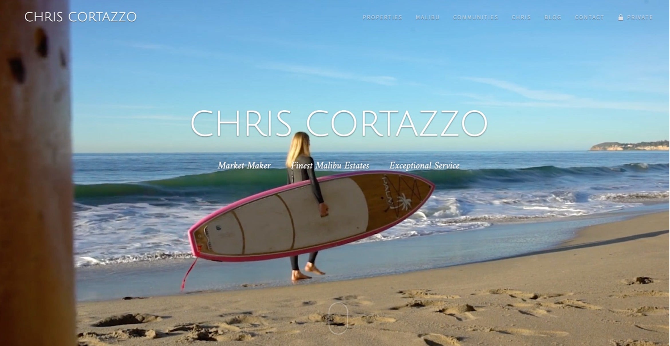 CC Website banner for Chris Cortazzo featuring a beach scene with a person holding a surfboard, symbolizing a lifestyle of luxury Malibu real estate.