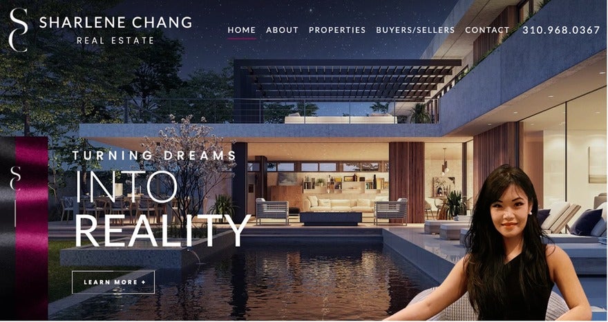 SC A webpage header for Sharlene Chang Real Estate, featuring an image of a luxury home at dusk with the slogan "Turning Dreams into Reality".