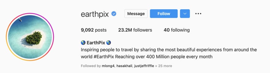 Profile photo aesthtic instagram bio example earthpix Instagram with image of a remote island shaped like a heart