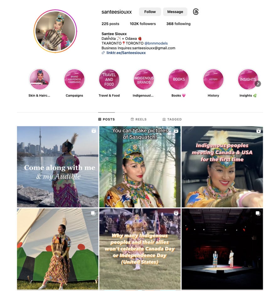 Santee Sioux Santee Sioux's Instagram page. It features purple icons and beautiful tiles with photos of her in traditional Sioux costume and feathers.