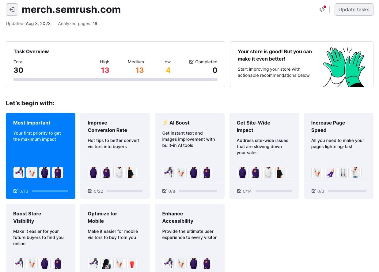semrush shopify a list of task on a dashboard with images to illustrate