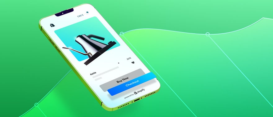 Shopify Prime checkout Green background with floating phone showing a checkout page