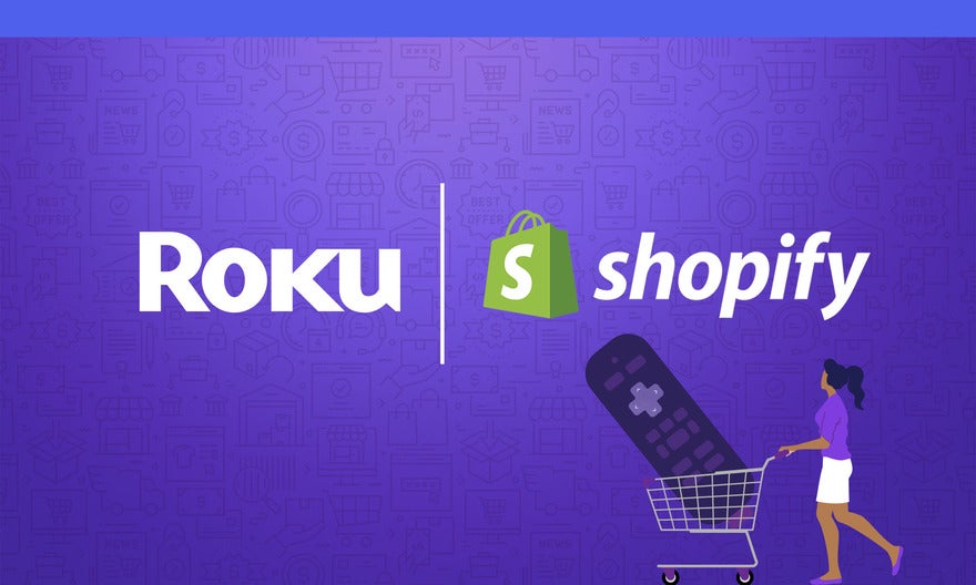 Shopify Roku branded image Purple background with logos for Roku and Shopify