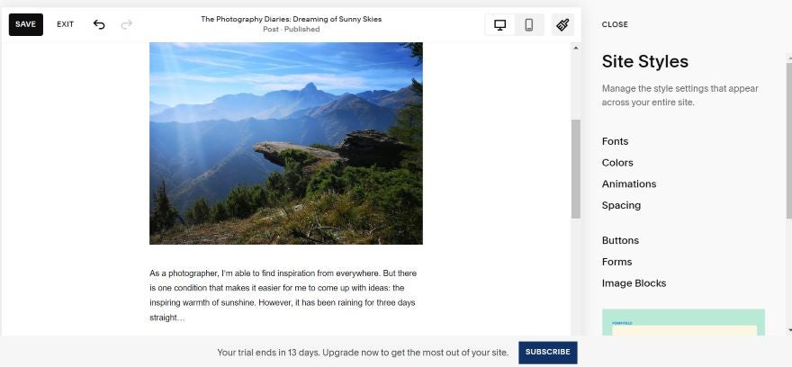 Squarespace Blog Post Layout Screenshot of a blog post on Squarespace's editor.