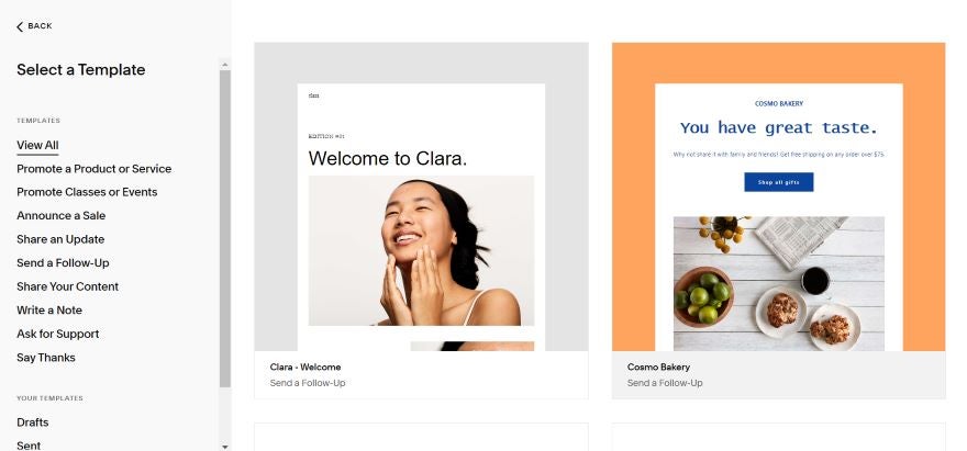 Squarespace Email Marketing Templates Screenshot of Squarespace's Email template page