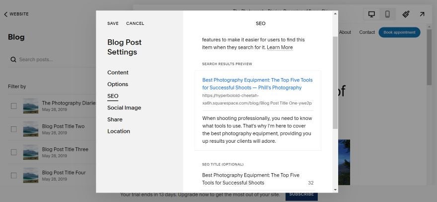 Squarespace SEO Tools on Blog A screenshot of Squarespace's SEO tools via the blog editor.