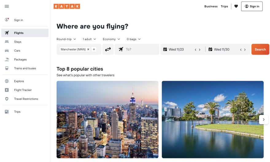 Sticky Sticky menu navigation bar on Kayak's website