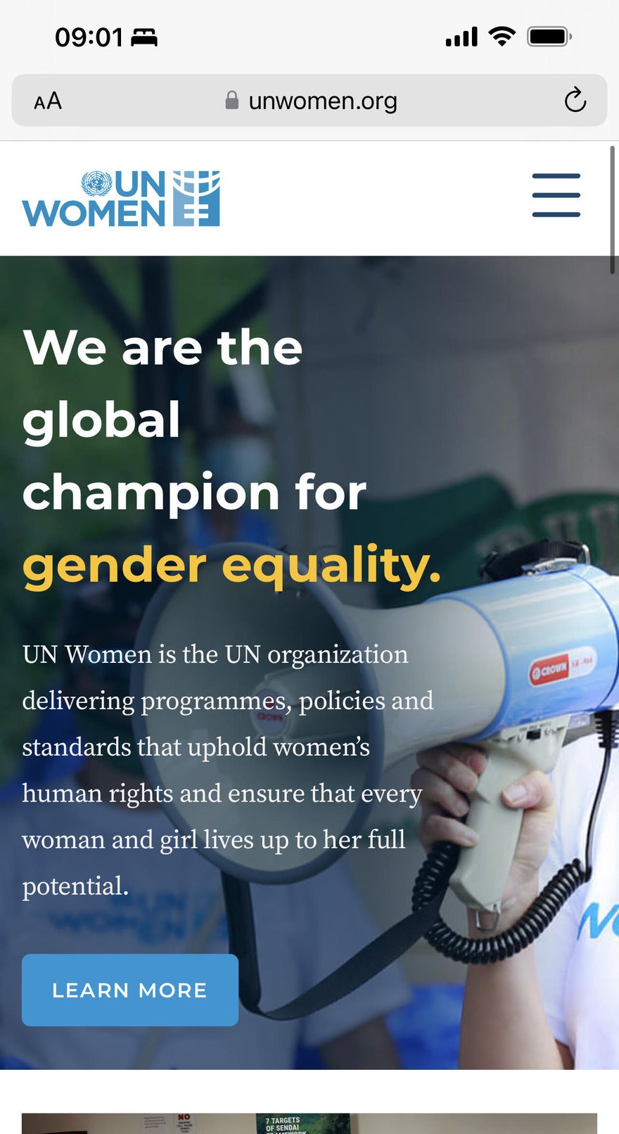 UN Women mobile A screenshot of UN Women's mobile site, with one image of a hand holding up a bullhorn and a title saying "We are a global champion for gender equality."