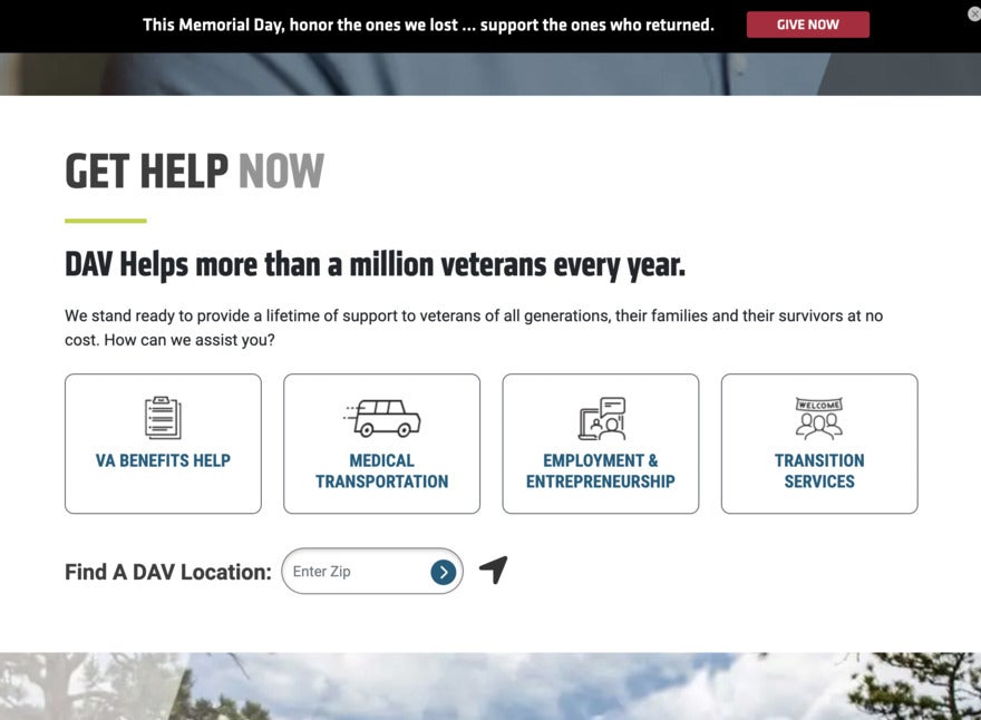 Vets SEO A screenshot of the Disabled Veterans' website which breaks down help and benefits into icons.