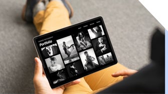 tablet with black and white portfolio