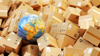 A globe surrounded by parcels.