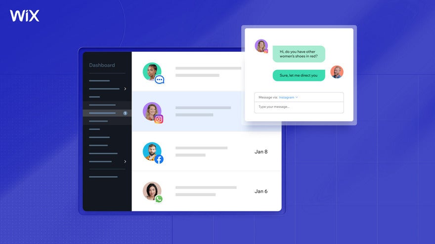 Wix Inbox Meta Integration Blue background with 2 overlapping images - one demonstrates an example of an ibox receiving messages from various platforms, and the other shows a message in action